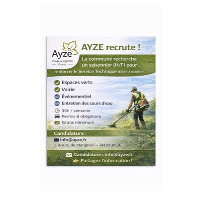 La Commune d’Ayze recrute un saisonnier (H/F) pour son Service Technique